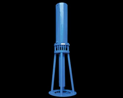 HPP hydraulic intensifier for hydro tester machine, tripod-mounted blue cylinder
